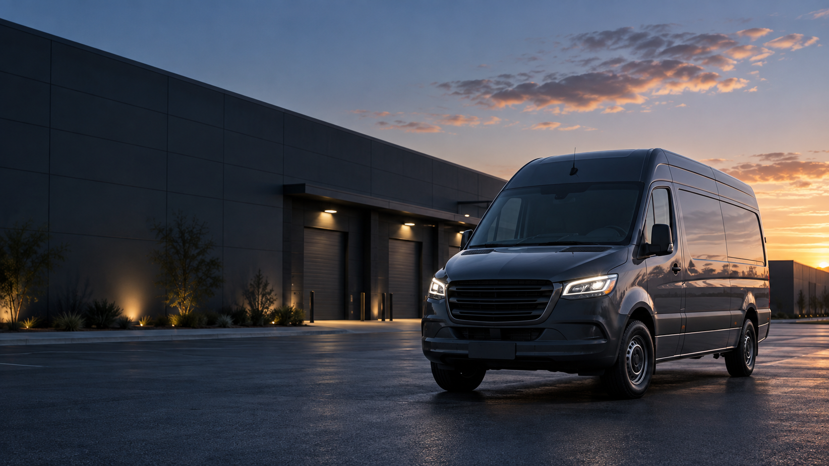 Illustrative unbranded delivery van outside a building at dawn